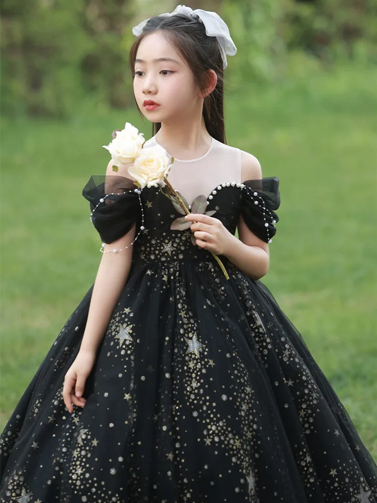 Black Evening Dresses for Kids Girl Elegant Gala Dress for Girls Children Beading Sequins Maxi Ball Gown Infants Hostess Costume