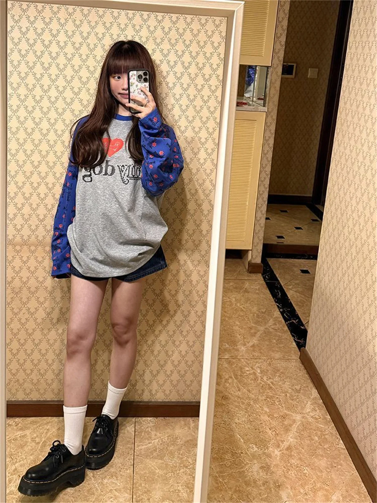 Retro coração cão cor blo longo sve camiseta masculina solta casual topo faionable preguiçoso sle outono coleção de fibra de poliéster topos