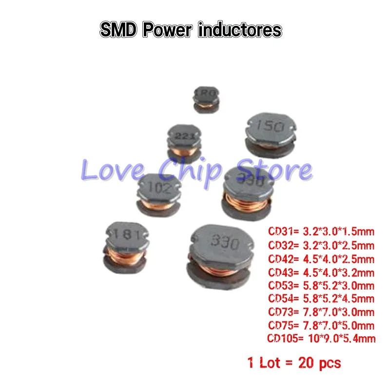 20Pcs SMD Inductor High Power CD73 7.8*7.0*3mm 2.2UH 3.3UH 4.7UH 6.8UH 10UH 22UH 33UH 47UH 2R2 3R3 4R7 6R8 Power Inductance