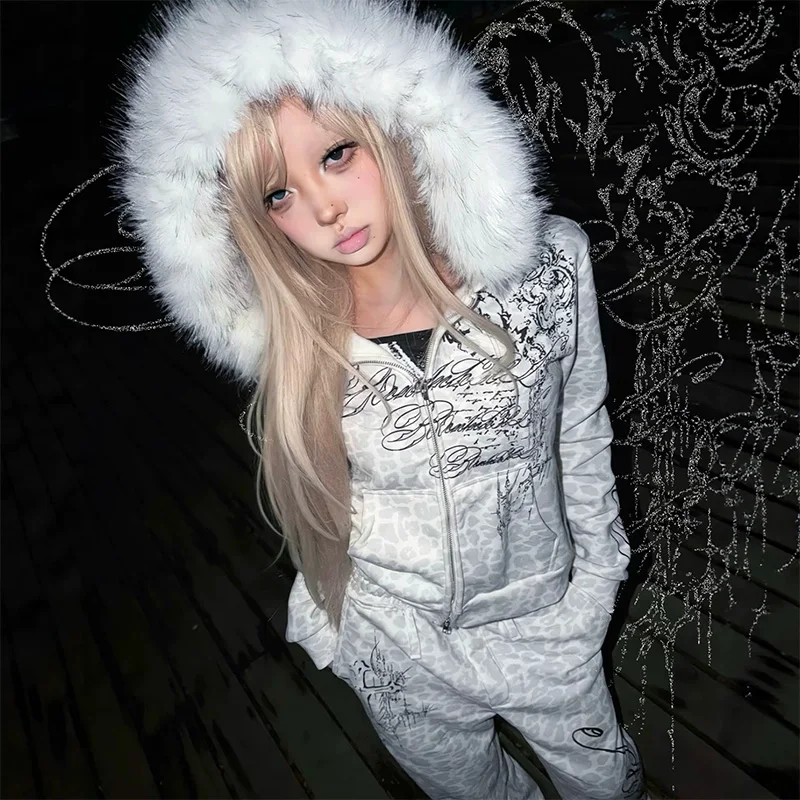 Winter Women's Y2K Gothic Streetwear Leopard Print Faux Fur Hooded Zip Up Cropped Oversized Long Sleeve 2 Piece Hoodies Sets image 3