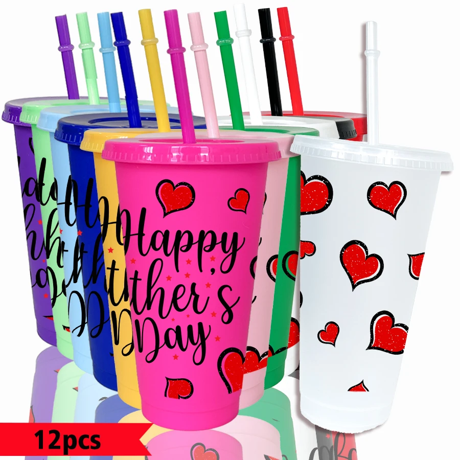 12pcs/pack heart-shaped text star pattern 26oz colored plastic party cold drink cup for back-to-school birthday gift