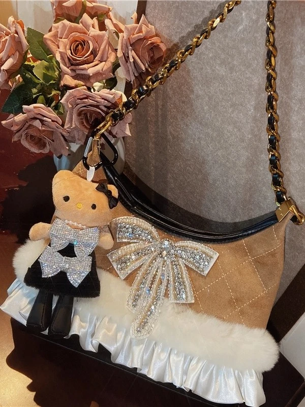 

Винтажная нишевая сумка для тяжелой промышленности со стразами подмышками, осенняя новая большая сумка Maillard, 2021, универсальные сумки-мессенджеры с бантом в стиле Лолиты, женские сумки