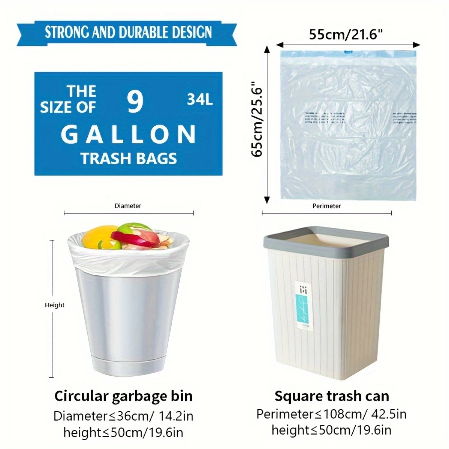 9 Gallon Trash Bags 50 Count Heavy Duty Drawstring Garbage Liners High Density Polyethylene 21.6