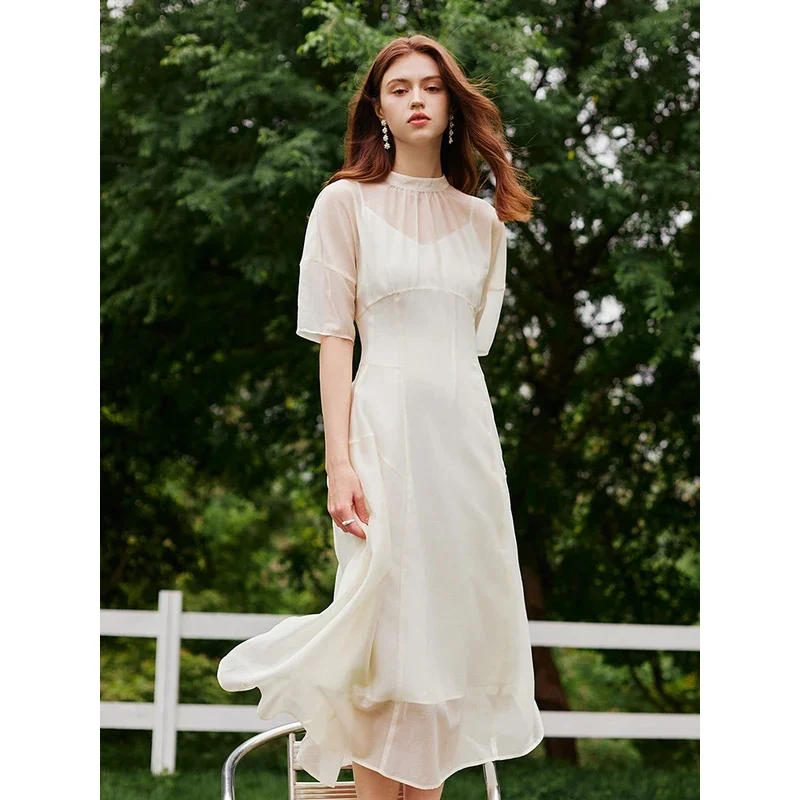 

Women Long Dress Summer Temperament Two Piece Beige Dress Lyocell Short Sleeve Dress+Sleeveless Vest Dress Suit 24FS12929