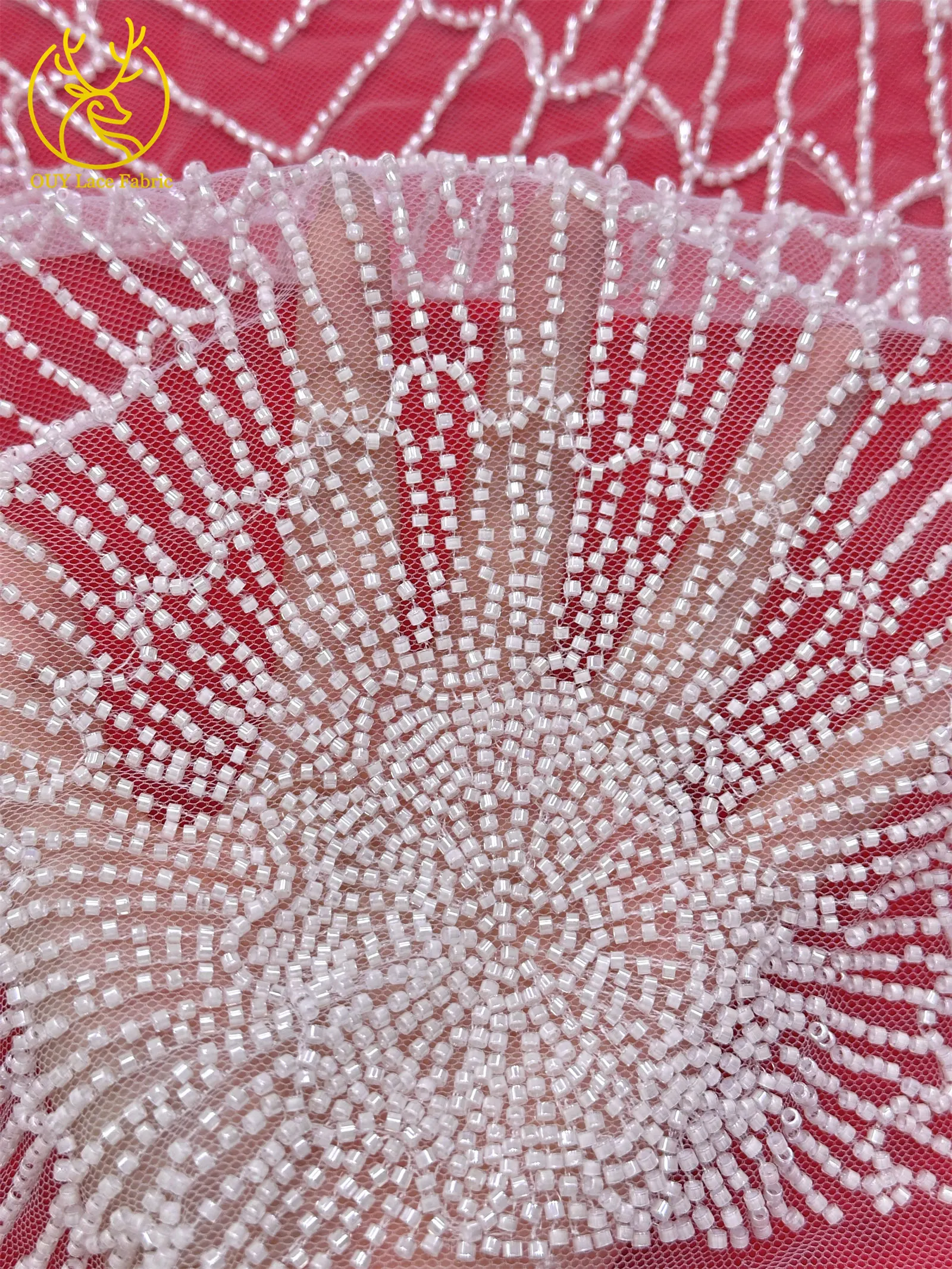 Luxuriöser afrikanischer, stark perlenbesetzter Spitzenstoff, goldene nigerianische Perlen-Spitze, französischer Tüll-Spitzenstoff für Brautkleider und Hochzeitskleider zum Nähen – Detail 15