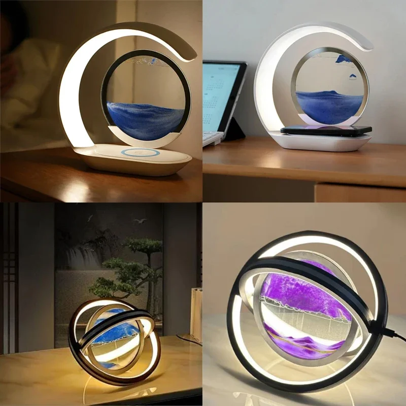 LED Table Light Flowing Sand Art Night Lamp Quicksand Painting Wireless Charge Touch Control Bedside Sandscape Lamp Home Decor