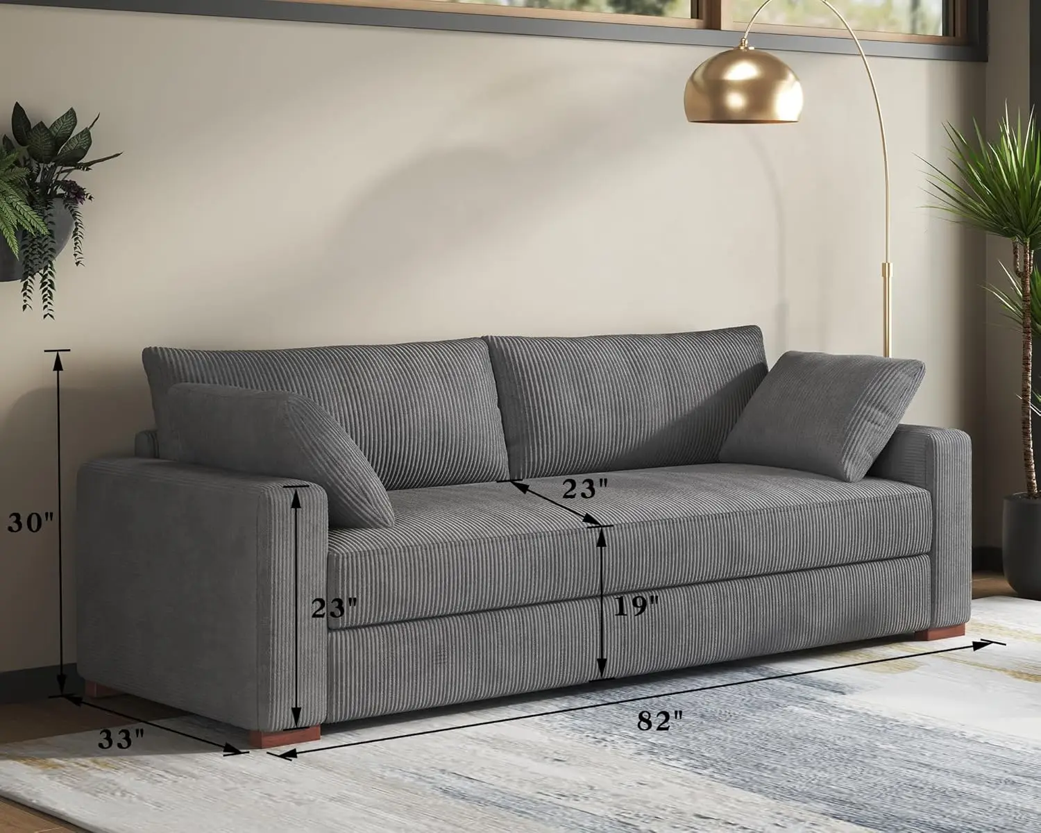 Sofa, Modern Couch with Soft Corduroy Upholstered, 3 Seater Comfy Couch for Living Room Home Office-Grey Couch