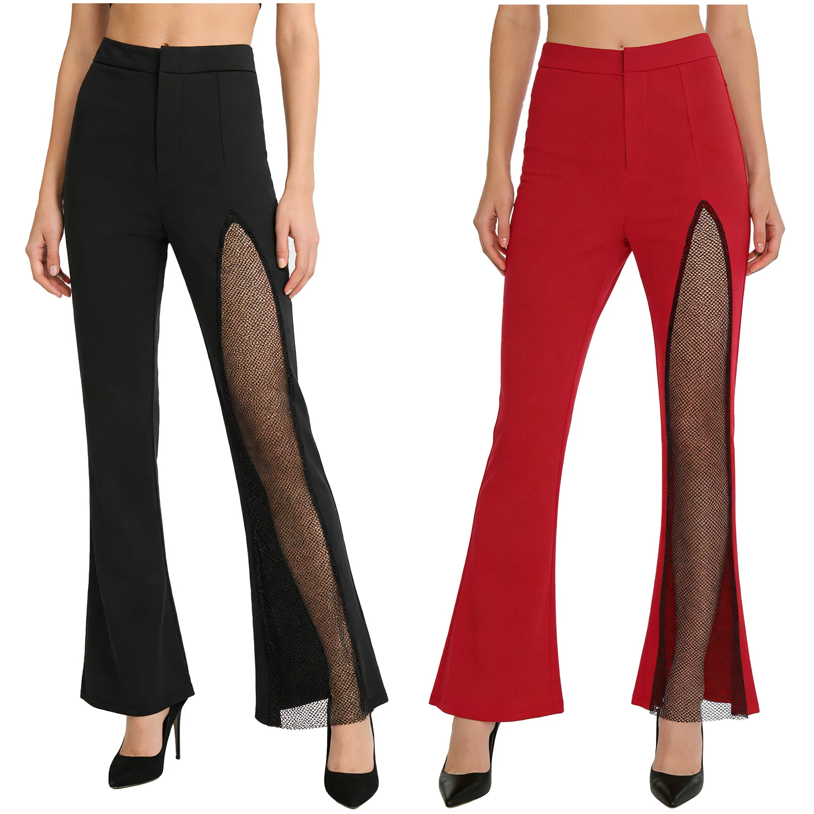 

Fashion Women Slightly Sheer Mesh Patchwork Flared Pants Rave Party Long Pants Asymmetrical Design Trousers Streetwear Dancewear