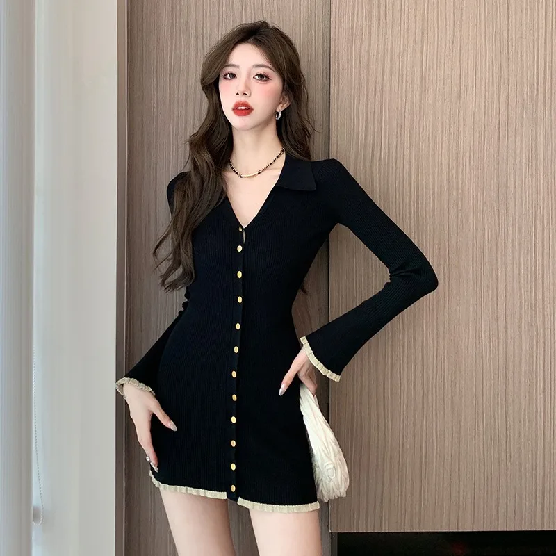 Long Sleeve Mini Dresses Women French Style V-neck Buttons Autumn Slim OL Elegant Temperament High Waist A-line Wrap Hip Sexy