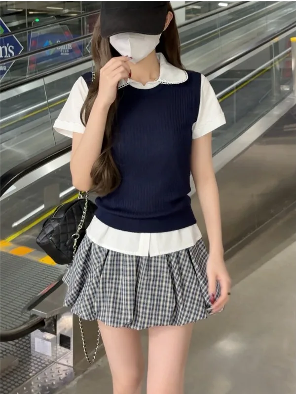 

Spring 2026 Women's Plaid Skirt Set Short Sleeve Layering Vest High Waist Slim Fit Shirt Three Piece Set College Style