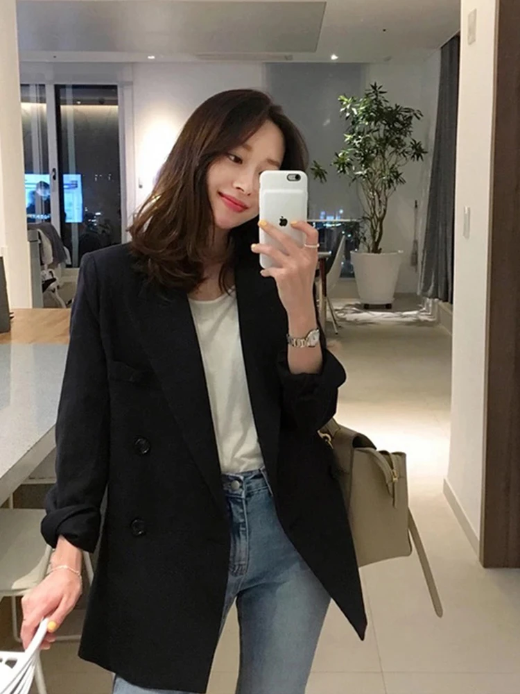 Chaqueta Casual Negra para Mujer, Estilo Profesional, para la Carrera Profesional, Estilo Urbano, Talla Pequeña, Estilo Dulce, Corte Holgado