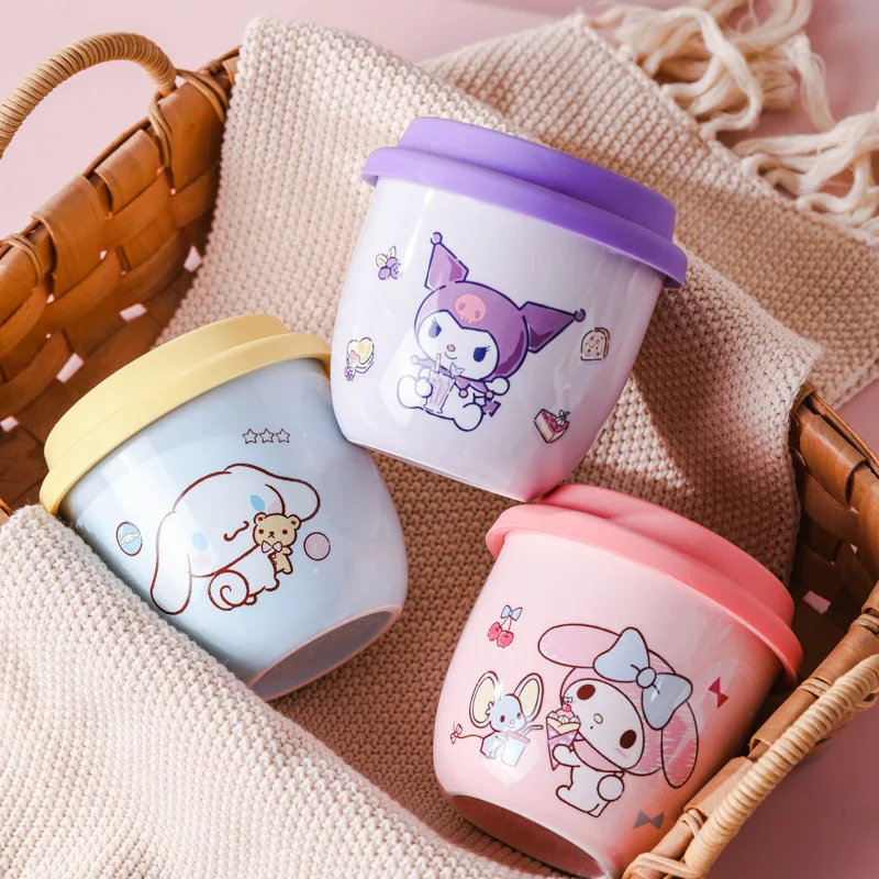 X&W 300ml Sanrio Coffee Mug Ceramic Hello Kitty Waterbottle with Silicone Lid Mini Portable Girls Cup Creative Holiday Gift