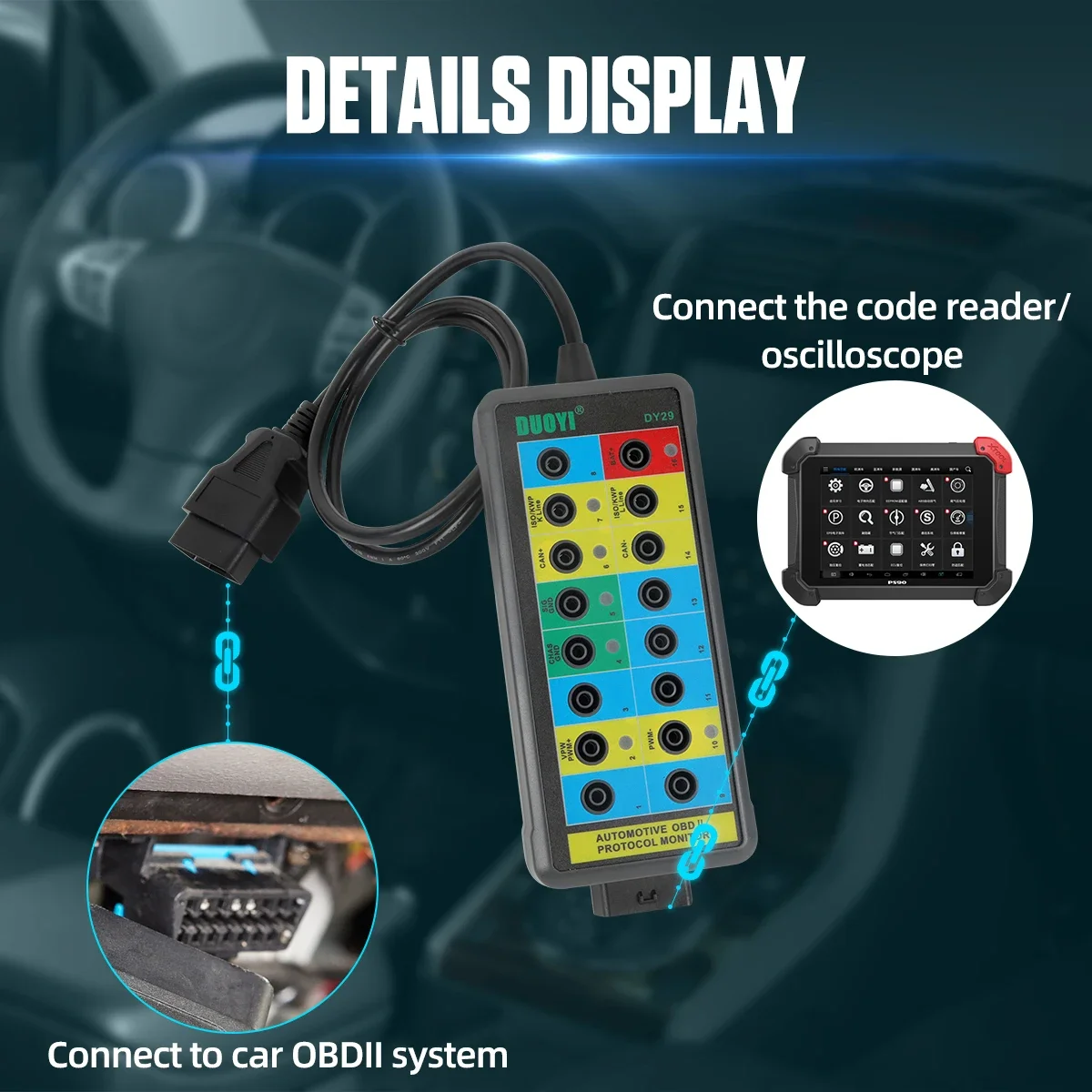 DUOYI DY29 Automotive Diagnostic Protocol Detector Tester Auto Car Obd2 Breakout Break Out Box Vehicle OBDII Interface Monitor