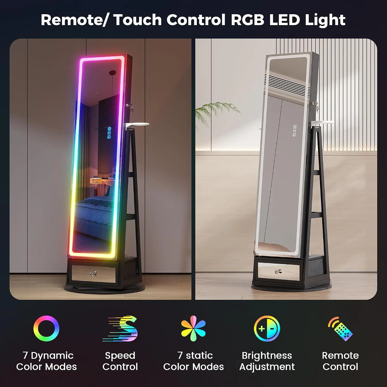 Jewelry Cabinet with LED Mirror 360° Swivel Remote Control RGB Lighting Storage Shelves Drawer, Customized view 4