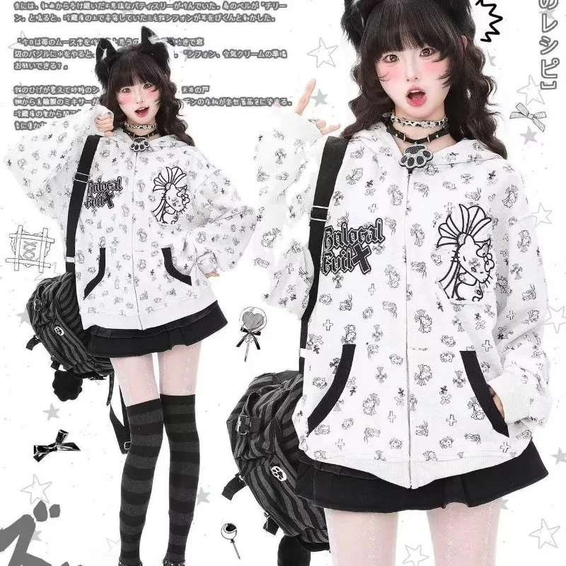 New Cartoon Hello Kitty Sweet Edgy Cross Stitch Hoodie for Men Women Zipper Casual Oversized Cardigan Sweatshirt Adorable Gift