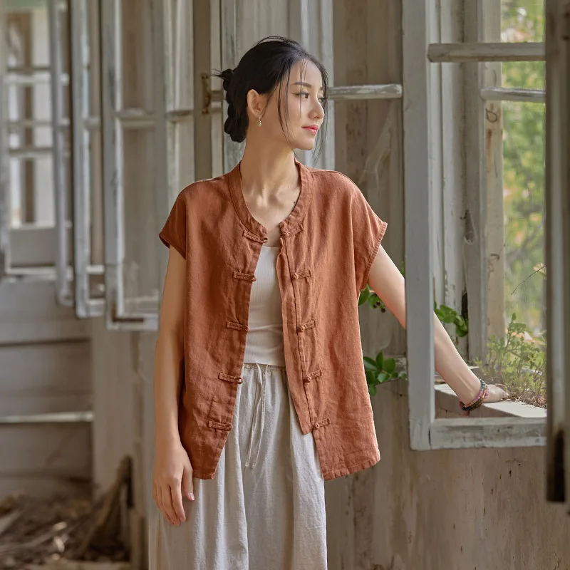 

Modern Chinese Short Sleeve: Lyocell-ramie blend, self-made slim-fit shirt with elegant reimagined style.