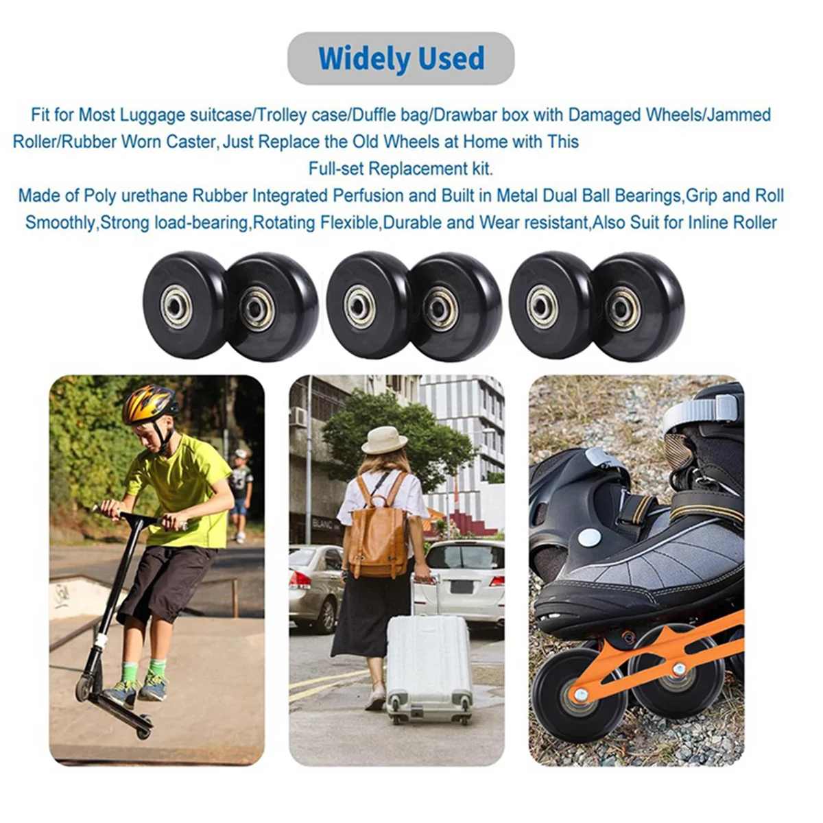 ABQR 45x18 مللي متر مجموعة من 2 عجلات بديلة لحقيبة الأمتعة ، عجلات دوارة من البولي يوريثان محامل من الفولاذ الكربوني أطقم إصلاح