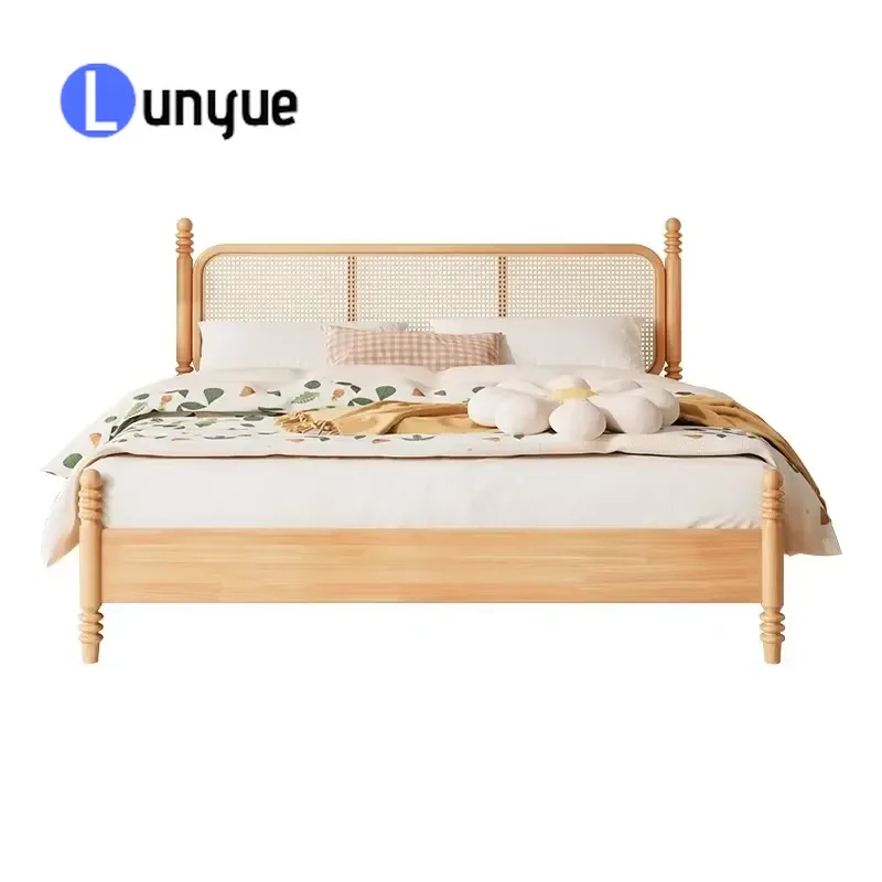 Modern King Size Wooden Bed Frame with Rattan Backrest Durable Solid Wood Platform Bed for Hotel Boarding House Bedroom