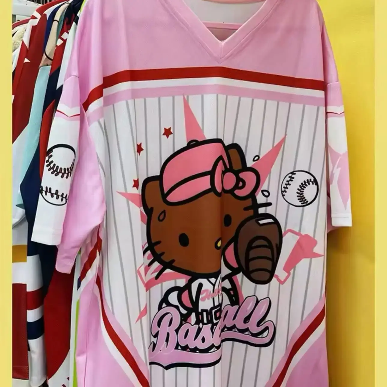 Summer Sanrio Hellokitty Cartoon Printed Short Sleeved T-Shirt V-Neck Loose And Fashionable Street Wear Casual Sportswear Top