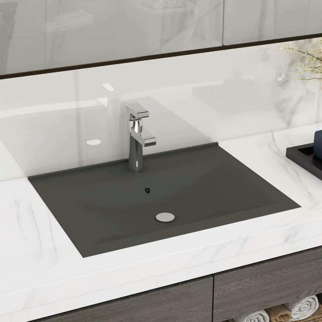 

Luxury Ceramic Basin With Faucet Hole Matt Dark Grey 23.6x18.1 For Modern Bathroom