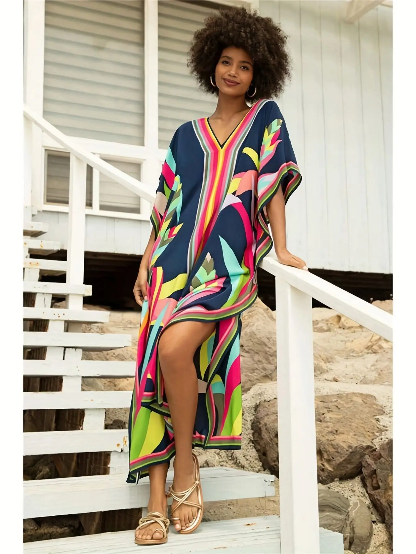 女性用カフタンワンピース、プラスサイズ水着カバーアップ、Vネック、バットウィングドレス、ゆったりフィット、モロッコ風カフタン、ムームードレス