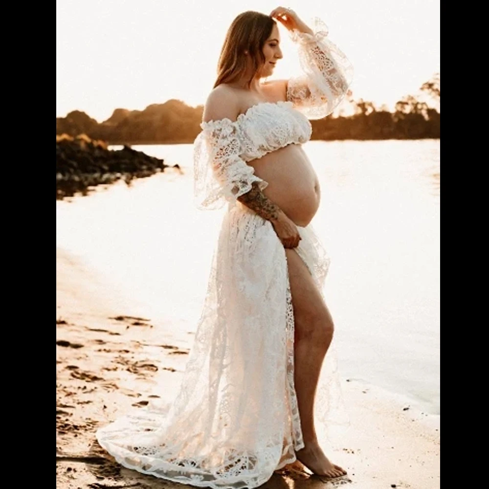 

Maternity Photography Dresses Sexy Hollow Lace Long Sleeved One Shoulder White dress Photoshoot Dress For Pregnant Women