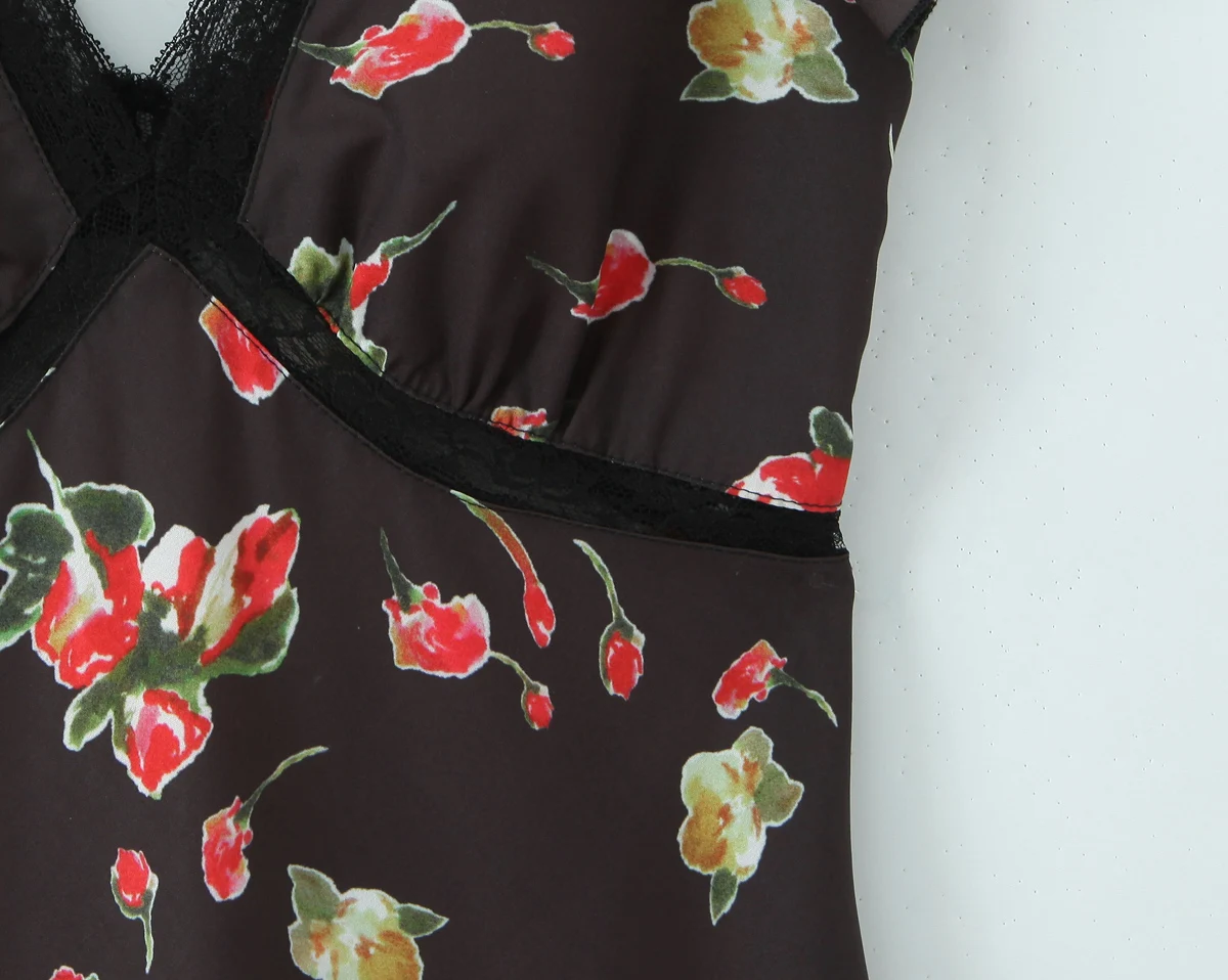 Novo verão preto com vermelho floral impressão emendado rendas babados vestido de manga curta feminino decote em v midi vestidos femme robe