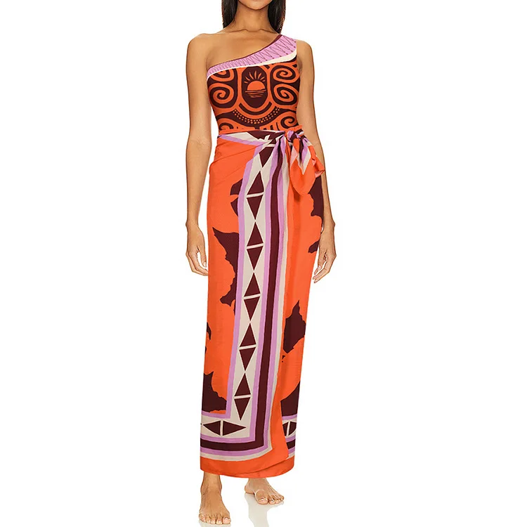 One Piece Swimsuit For Women One-shoulder Ethnic Print One-piece Swimsuit Set Women's Beach Vacation Swimsuit