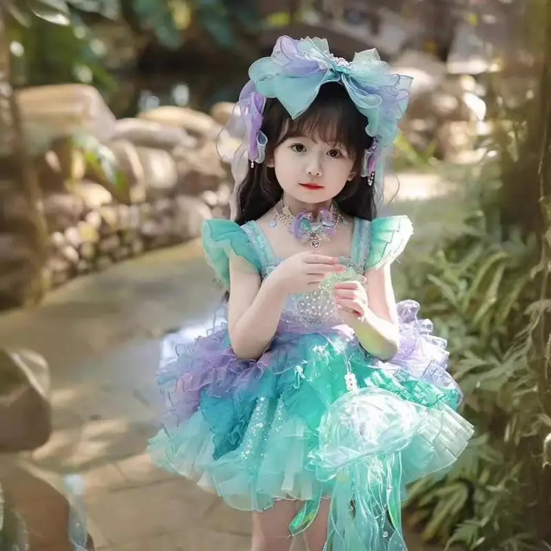 

2024 Tulle Princess Elegant Dresses for Girls Petal Sleeve Spain Lolita Dress Ruched Purple Green Carnival Party Children Gown