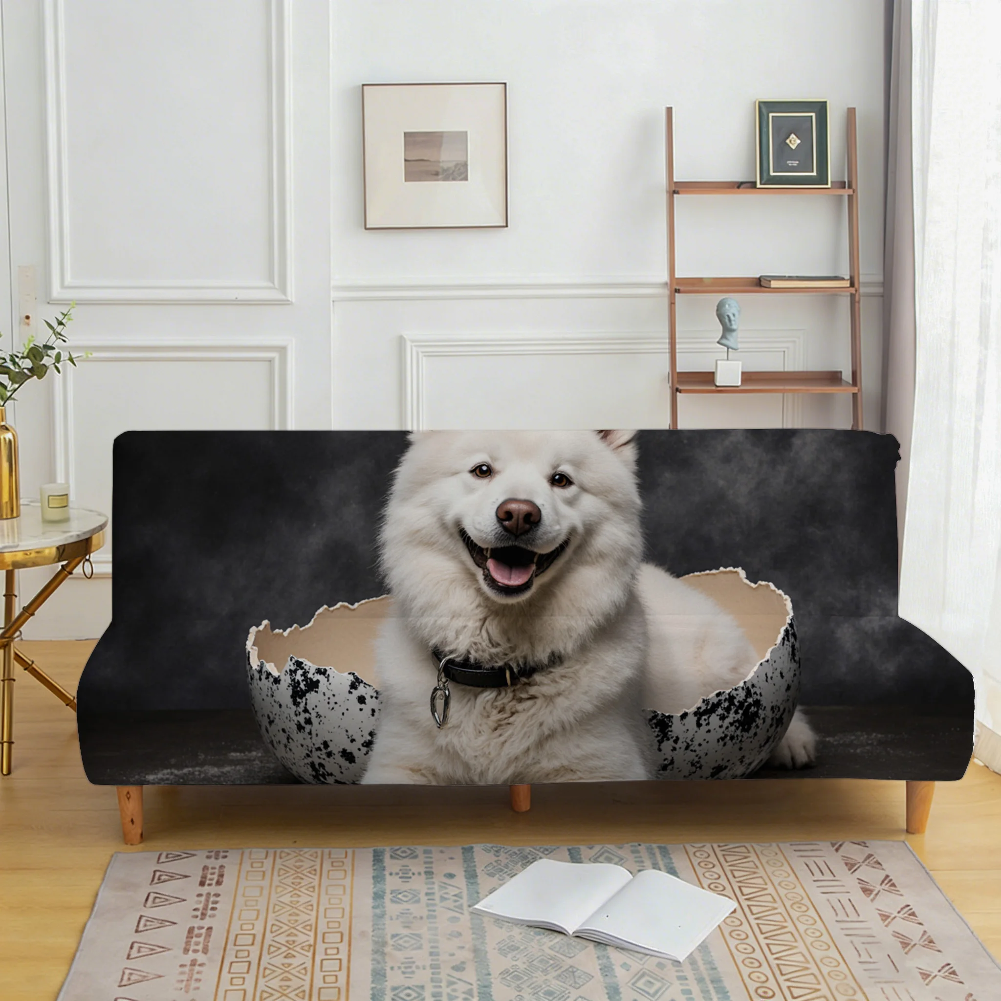 Cute eggshell puppy elastic sofa bed cover, living room sofa bed cover, dustproof machine washable sofa bed cover