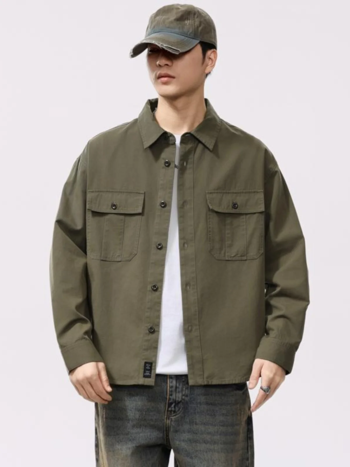 

Retro American High-End Heavyweight Brushed Cotton Washed Work Shirt Men's Spring Loose Long Sleeve Shirt Jacket