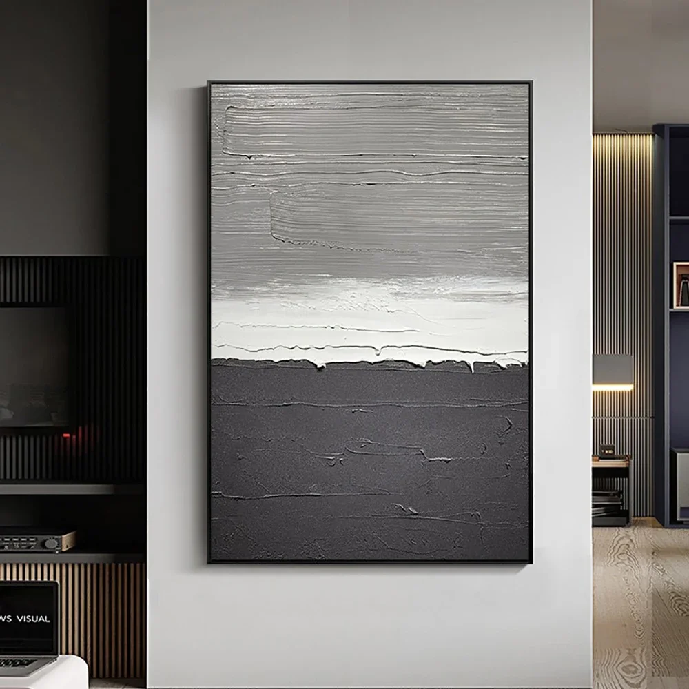 Oversize Black White Grey Brush Strokes Abstract Minimalist Painting Handmade Thick Acrylic Painting Modern Home Wall Decoration