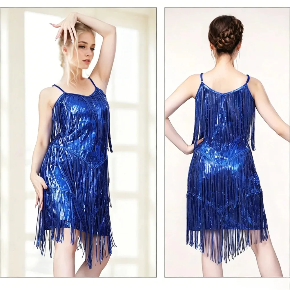 

THEEPER Women Sexy Sequins Tassel Latin Dance Dress Ballroom Salsa Tango Cha Cha Rumba Samba Jazz Festival Performance Dancewear