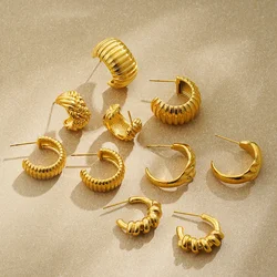 Fashion Statement Stainless Steel Chunky Hoop Earrings for Women Gold Plated Texture Wide C-Shape Earring Retro Jewelry Bijoux