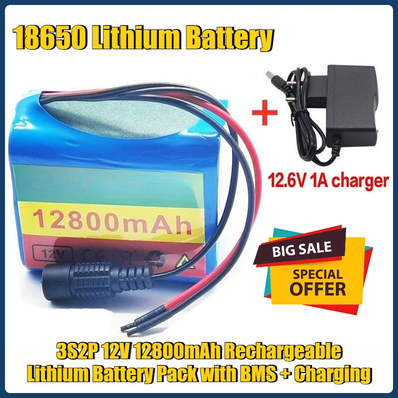 

18650 Lithium Battery 3S2P 12V 12800mAh Rechargeable Lithium Battery Pack with BMS + Charging
