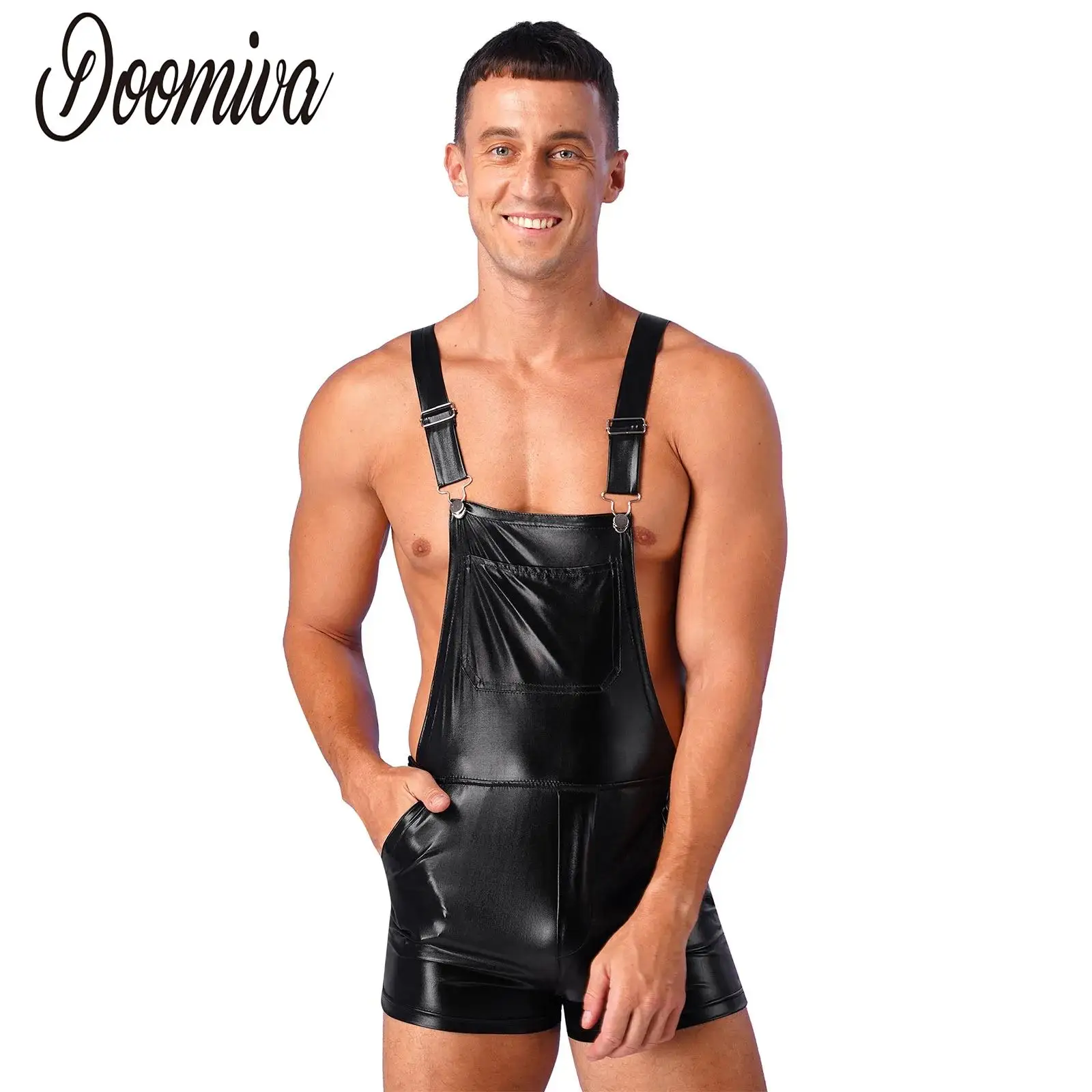 

Adult Men Dungarees Bib Overalls Suspender Shorts Hot Pants Metallic Shiny Jumpsuit Bodysuit Festival Club Costume Rave Party