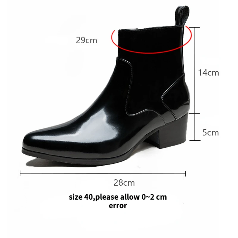 Patent Leather Mens Platform Boots with Heels Luxury Real Cow Leather Winter Warm Shoes Increase Height 5 Cm Side Zip No Laces