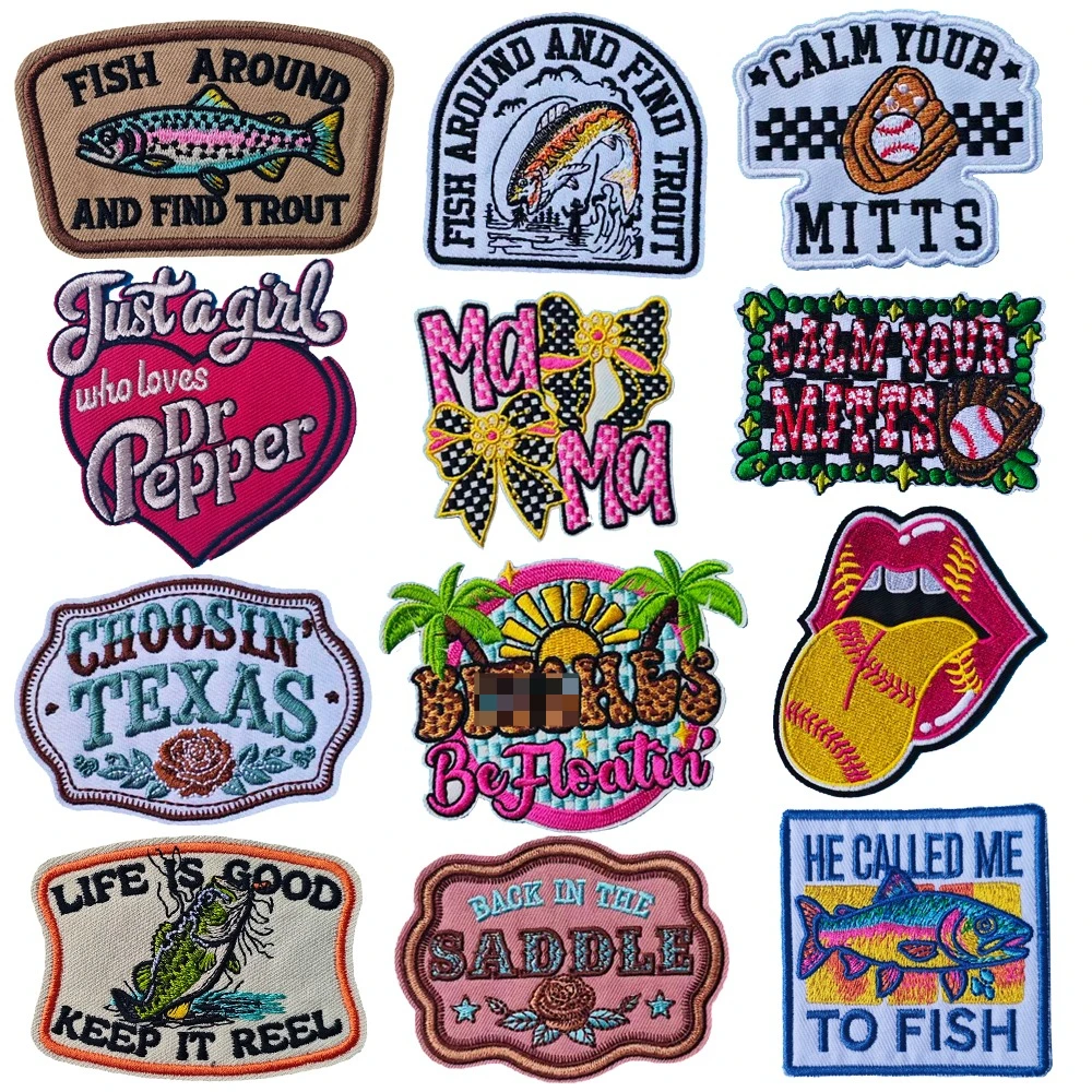 Summer Embroidered Patch Fishing Iron On Patch for Clothing Bags Hats Phones Decoration DIY Applique Repair Patch