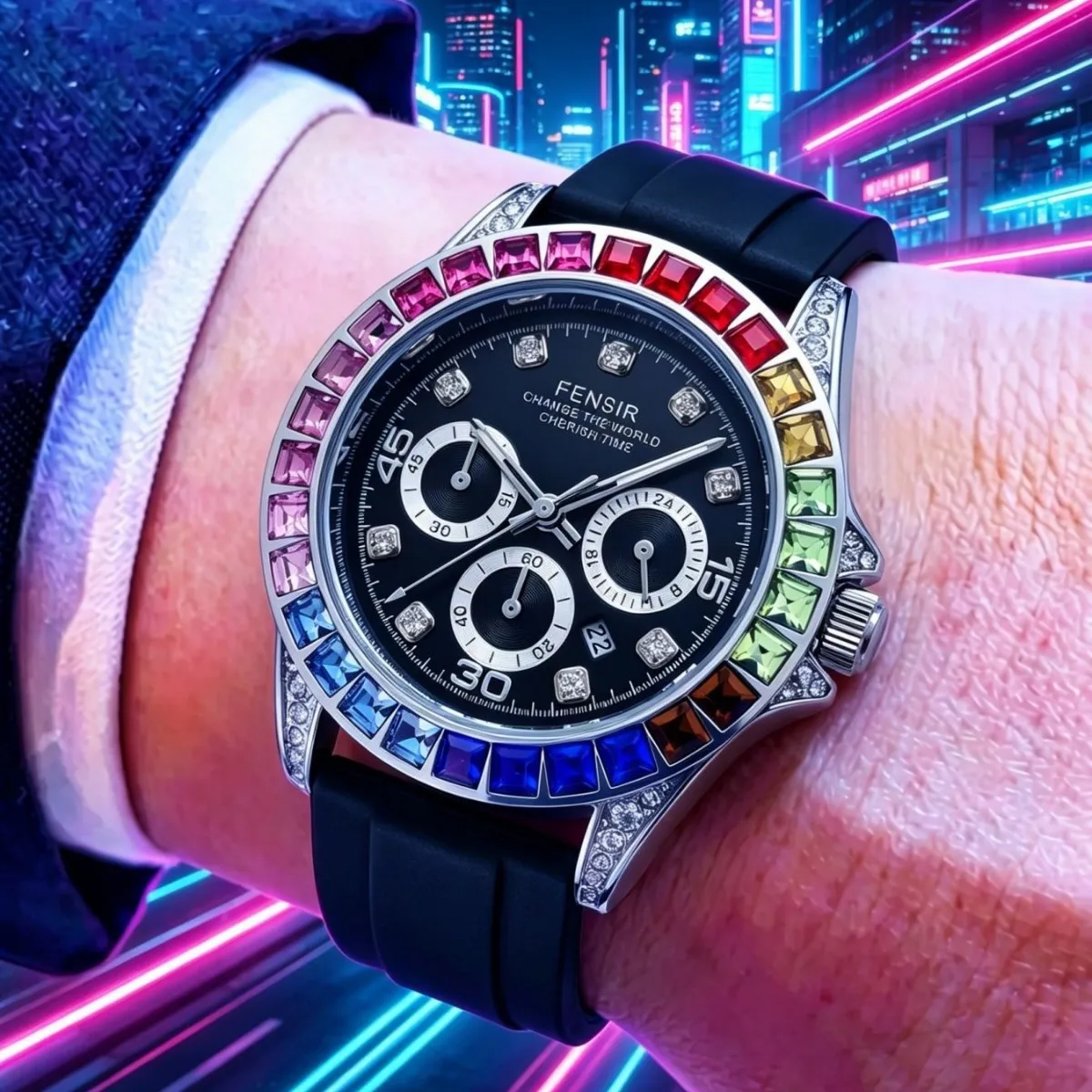 

Personalized Hot Selling Sport Design Rainbow Diamond Case Quartz Watch Men Unique High Quality Creative Design AAA Men Clock
