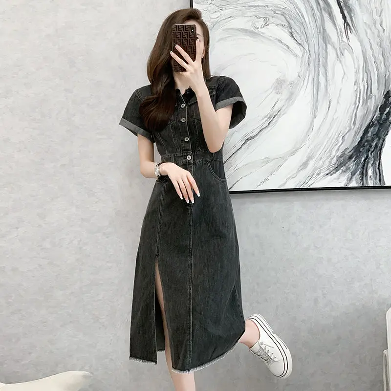 

Women Denim Dress Spring Autumn Long Sleeve Polo Neck A-shaped Dresses Waistband Korea Fashion Casual Long Jean Dresses D167