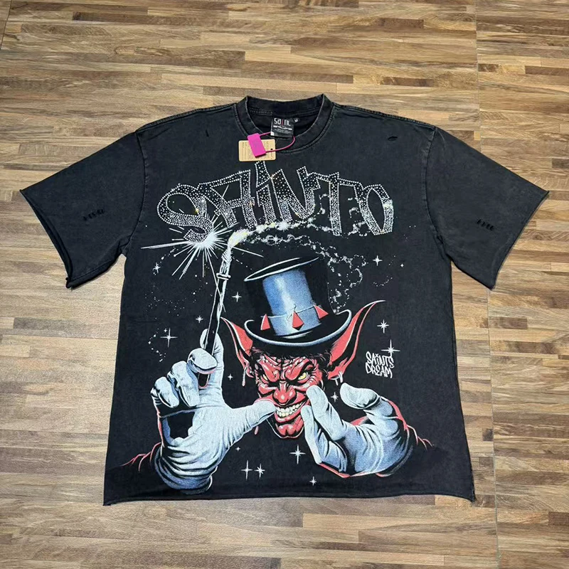 Saint T-Shirt Retro Destroyed Black Rhinestone Logo Magician Pattern Loose Street Short Sleeve Men