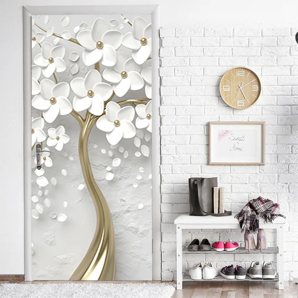 White Flowers Bloom Tree Door Sticker Removable Bedroom Wardrobe Decoration Flower Blossom Wall Door Art Mural Cover Stickers