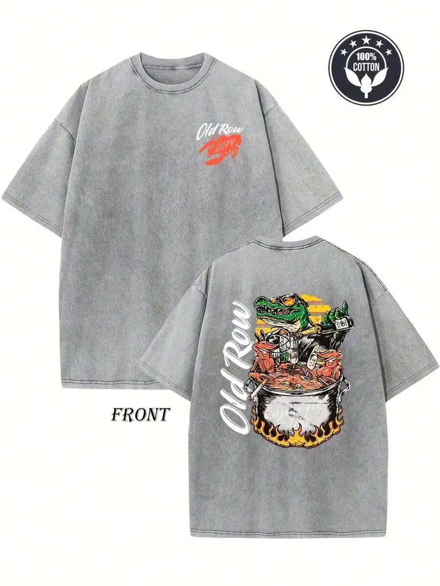 

Oversized Vintage Washed T-Shirt With Retro Cajun Hot Tub Graphic Print, Loose Drop Shoulder Fit, Streetwear For Festivals