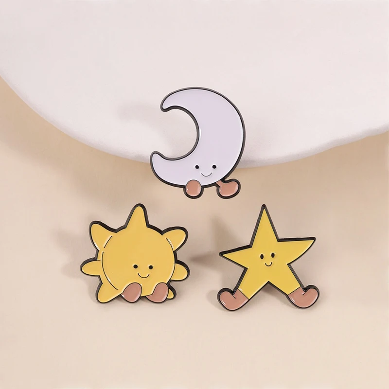 Cute Sun Star Moon Doll Enamel Pins Cartoon Toy Character Brooches Lapel Badge Fashion Jewelry Accessories Gift for Kids Friends