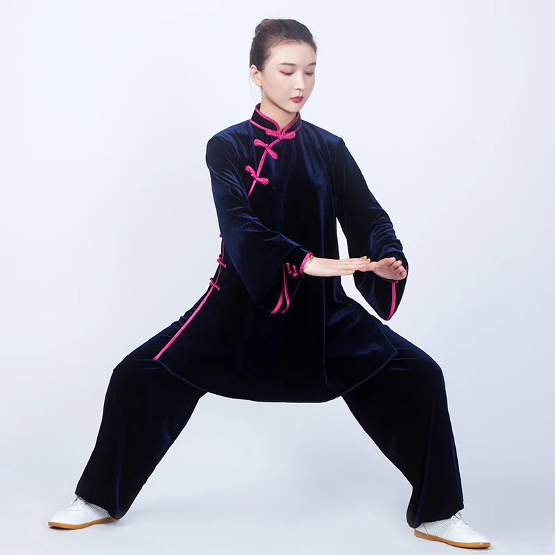 Women Velour Oriental Vintage Tai Chi Suit Kung Fu Wushu Martial Art Uniform Chinese Style Jacket Pant Morning Exercise Costume