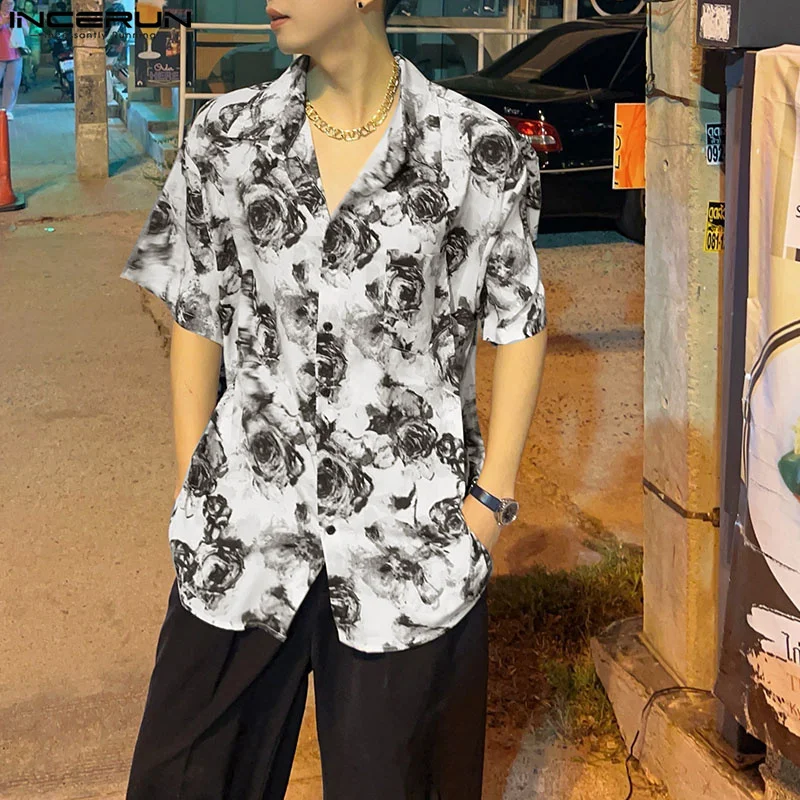 

Handsome Well Fitting Tops INCERUN New Men Dyed Floral Rose Pattern Shirts Streeterar Male Short Sleeved Lapel Shirts S-5XL 2024