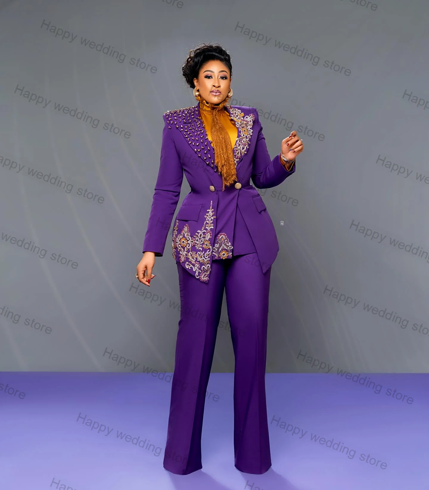 Luxury Purple Women Suit Pants Set 2 Piece Blazer+Trousers Crystals Prom Dress Wedding Tuxedo Party Tailored Made Jacket Coat