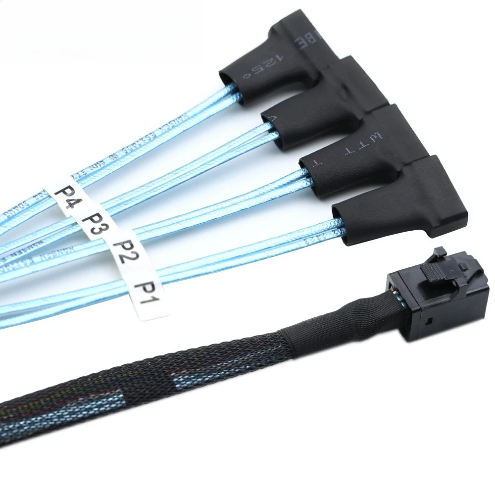 Mini SAS SFF-8643 إلى 4 SATA 7P خادم ذكر عالي السرعة طول الكابل اختياري 0.5 متر 1 متر
