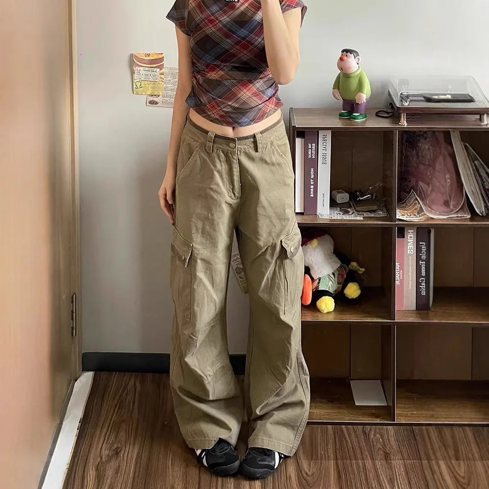 النساء الرجعية ملابس العمل الدنيم السراويل ربيع الخريف شارع العليا تصميم فضفاض واسعة الساق بناطيل كاجوال متعددة جيب الجينز للإناث #6