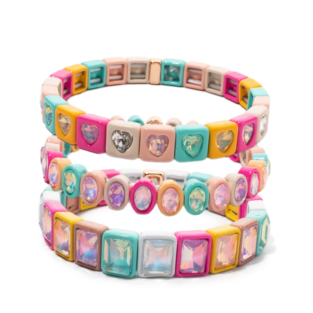Cute Multi‑Shape Rhinestone Enamel Stretch Bracelet Set Pastel Rainbow Stackable Beaded Bracelets Trendy Jewelry Gift for Teen